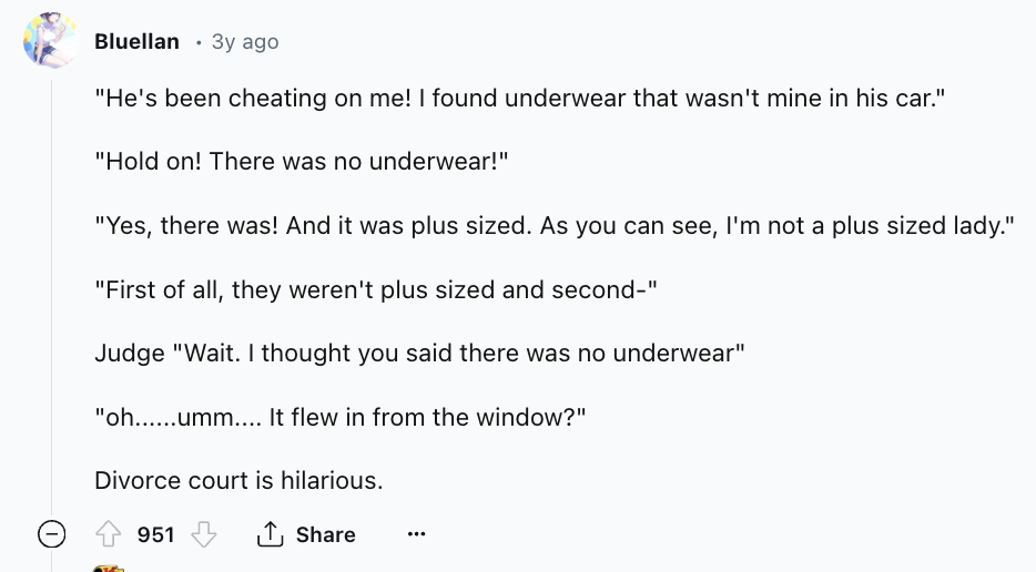 document - Bluellan 3y ago "He's been cheating on me! I found underwear that wasn't mine in his car." "Hold on! There was no underwear!" "Yes, there was! And it was plus sized. As you can see, I'm not a plus sized lady." "First of all, they weren't plus s